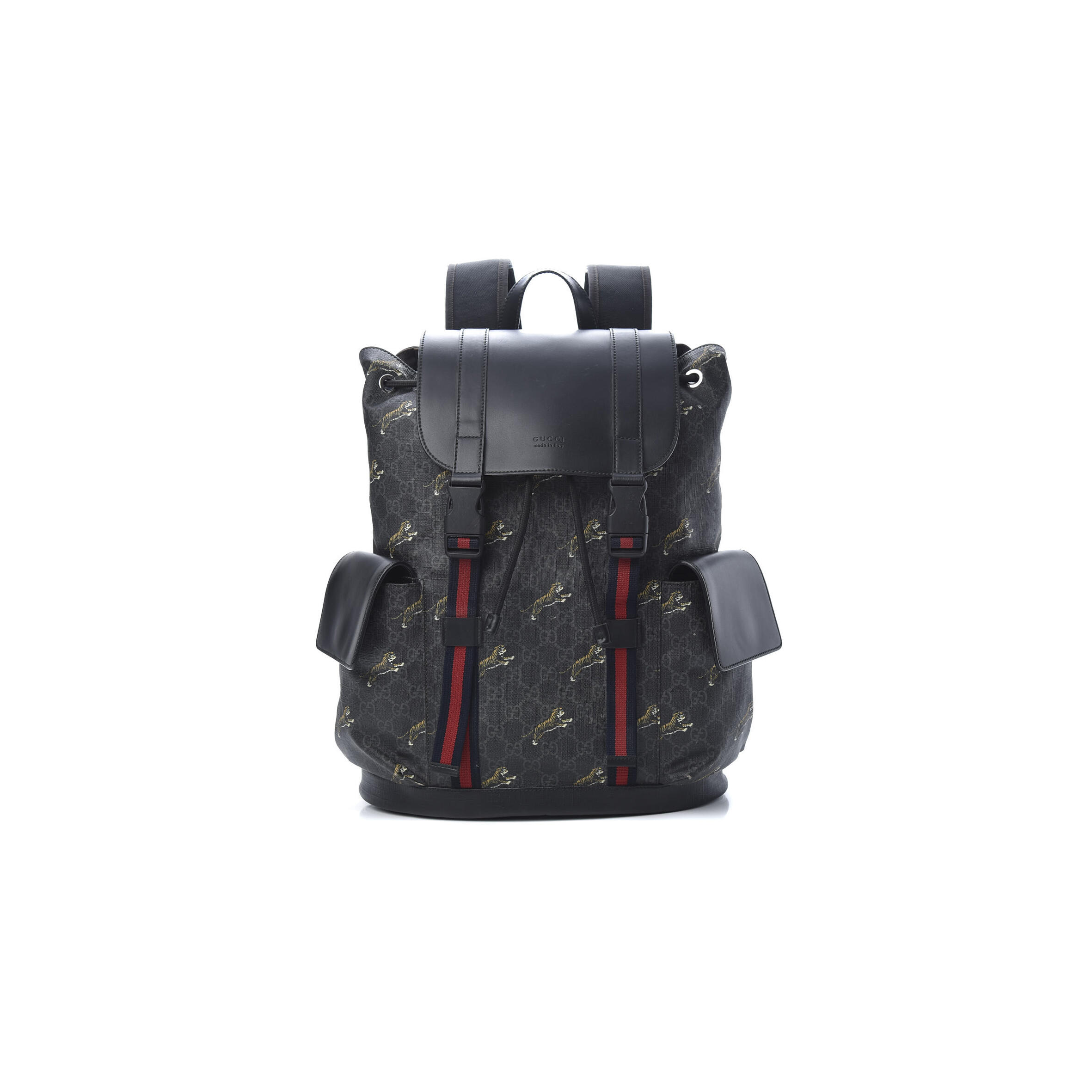 GUCCI GG SUPREME MONOGRAM TIGERS DOUBLE BUCKLE BACKPACK BLACK (43*34*10cm)